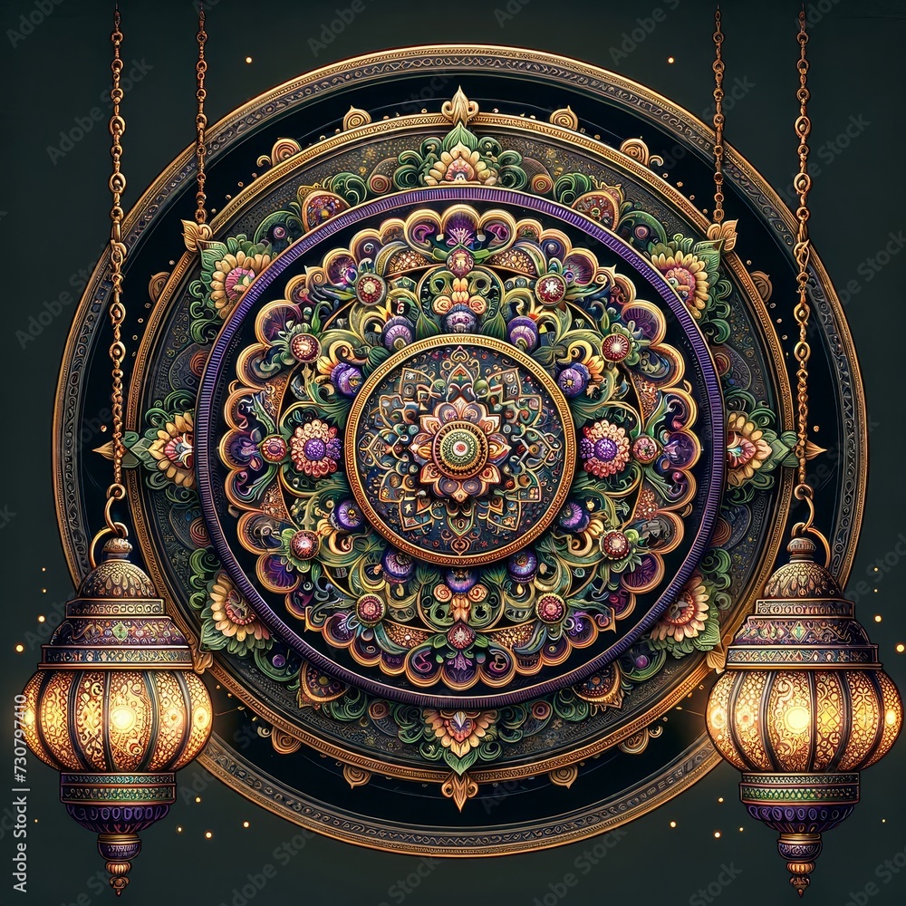 Fototapeta premium circular decorative frame with intricate patterns with ornate lanterns hanging on chains
