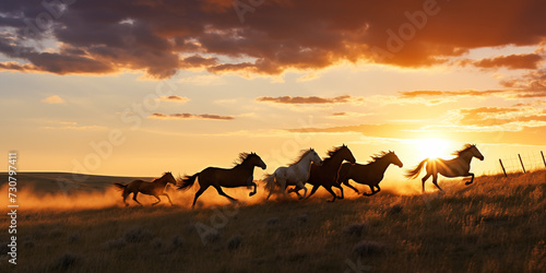 A dusk scene capturing wild horses in pursuit of a woman across the prairie. photo