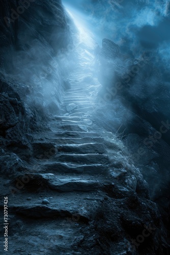 Path to success, a staircase leads to the top of a mountain which is illuminated by light, conceptual image