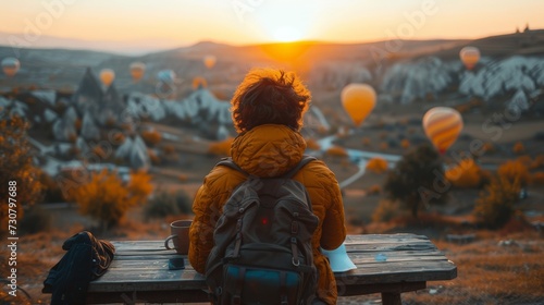 Travel blogger who enjoys air balloon landscapes while working remotely