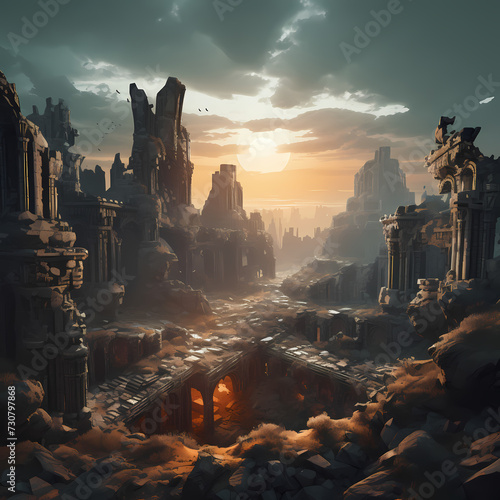 Ancient ruins in a post-apocalyptic world. 