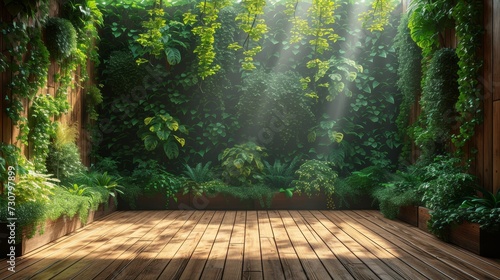 3D render of empty wooden terrace with green walls, wood plank flooring with tropical style tree garden background. Glow of sunlight shines on the tree. © Zaleman