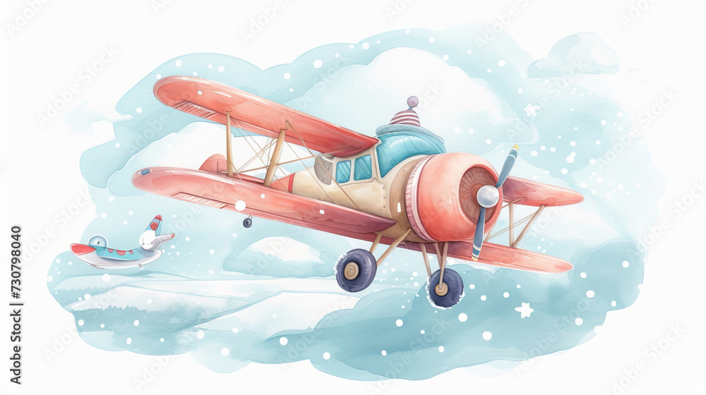 Cute animal flying on airplane watercolor clipart illustration with isolated background Cute animal flying on airplane watercolor clipart illustration with isolated background