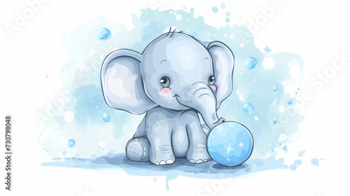 Cute elephant with a ball hand drawn illustration. It can be used to print a T-shirt, children wear a design of clothes, an invitation card for a shower photo
