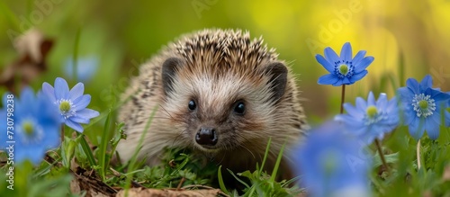 A domesticated Erinaceidae, commonly known as a hedgehog, peacefully rests in the grass amidst beautiful blue flowers.