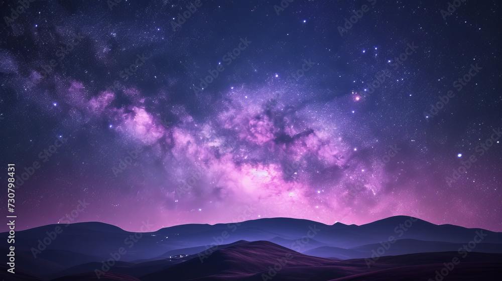 Fantastic night landscape with bright arched milky way, purple sky with stars, pink light and hills. Beautiful scene with universe. Galaxy and nature