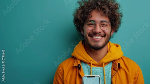 Young Latino Man Shows Modern Cell Phone With Empty Screen And Smiles On Blue Studio Background. He Recommends Dating App. Free Advertising and Collage Spaces.