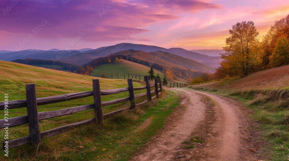 Rural dirt road, wooden fence, green hills in mountain valley at sunset in autumn. Landscape with country road, meadows, trees, purple sky with pink clouds at twilight