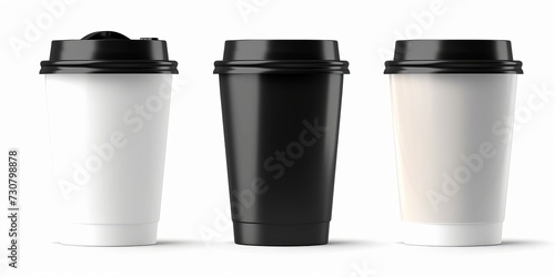Set of blank mock up paper cups with plastic lid. Coffee to go, take out mug. photo