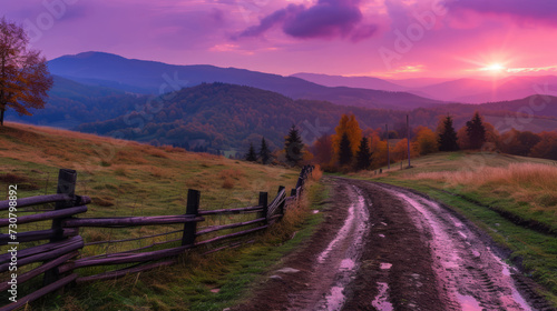 Rural dirt road, wooden fence, green hills in mountain valley at sunset in autumn. Landscape with country road, meadows, trees, purple sky with pink clouds at twilight