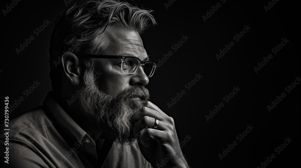 Intellectual man with stylish glasses and a rugged beard, hand on chin, in deep thought, with a high-key light setting