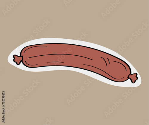 Food sticker of colorful set. This charming illustration captures the essence of sausage with its whimsical cartoon design, set against a soothing pastel backdrop. Vector illustration.