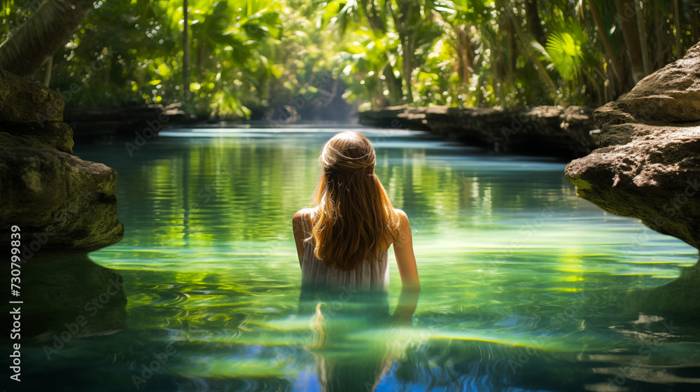 Fototapeta premium Ethereal teenage girl mirrored in pristine waters amidst vibrant tropical vegetation.