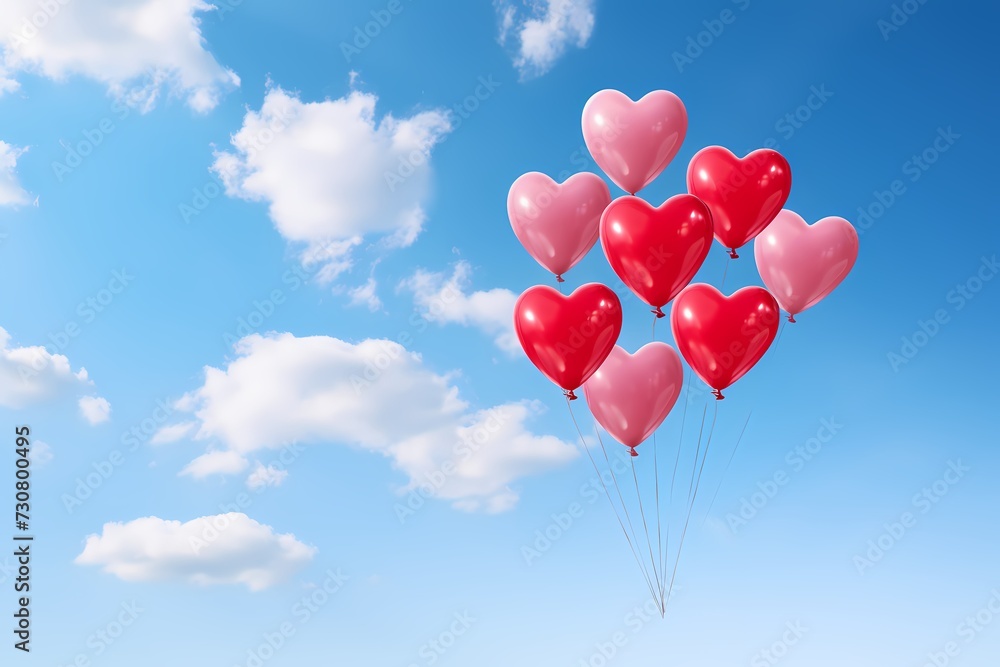 Playful Valentine's Day balloon release with heart-shaped balloons floating against a clear blue sky