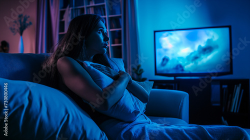 A woman sitting on a sofa hugging a pillow, a tornado news alert on the television screen casting a blue light in the room photo