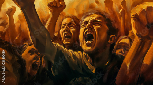 Close-up view of outraged crowd demanding justice.