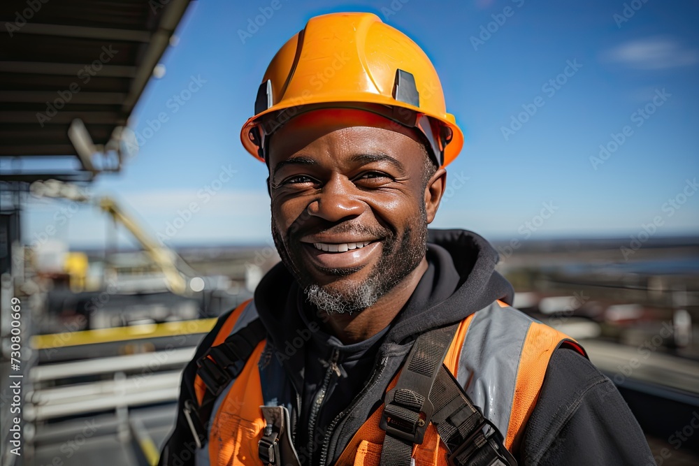 Construction Worker On Building Site Laying Slate Tiles. Portrait of an African American Roof construction worker working on a roof, adorned in safety gear and sky in the background Construction Worker On Building Site Laying Slate Tiles. Portrait of an African American Roof construction worker working on a roof, adorned in safety gear and sky in the background