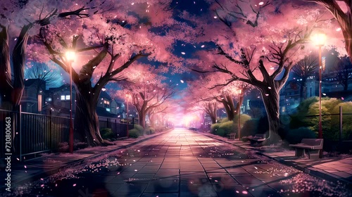An enchanting cherry blossom grove during the peak of spring. Fantasy landscape anime or cartoon style, seamless looping 4k time-lapse virtual video animation background photo