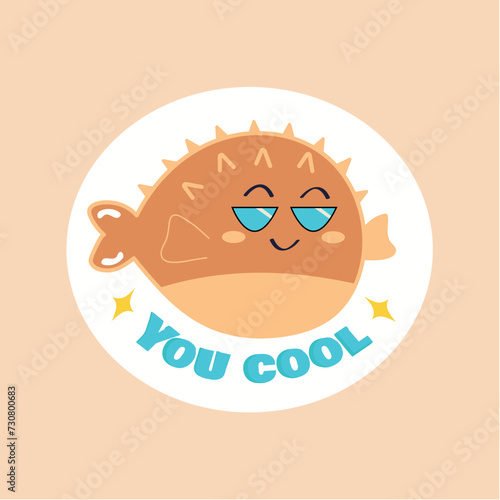 Sticker with text and pet of colorful set. This adorable illustration feature a lovable cartoon fish and the words "you cool" on a pastel canvas. Vector illustration.