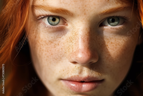 Close-up of a redhead woman's freckles. photo