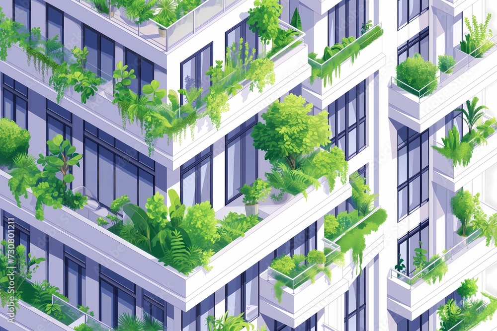 Isometric building with green balcony. Concept of re-wilding the cities. 