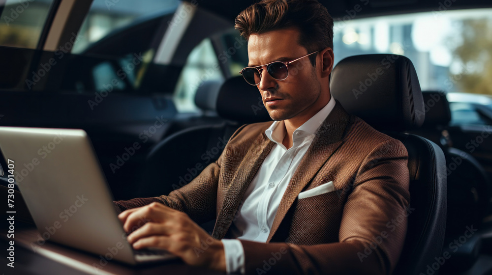 A handsome businessman working on laptop computer while sitting in luxury car. A handsome businessman working on laptop computer while sitting in luxury car.