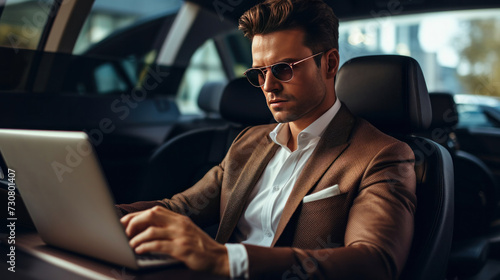 A handsome businessman working on laptop computer while sitting in luxury car. © tong2530