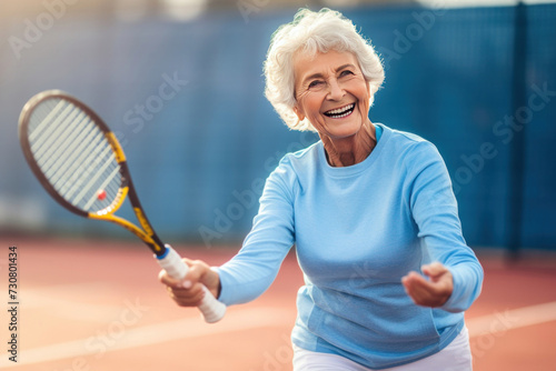 A happy senior woman playing tennis as recreational activity after during their active retirement.