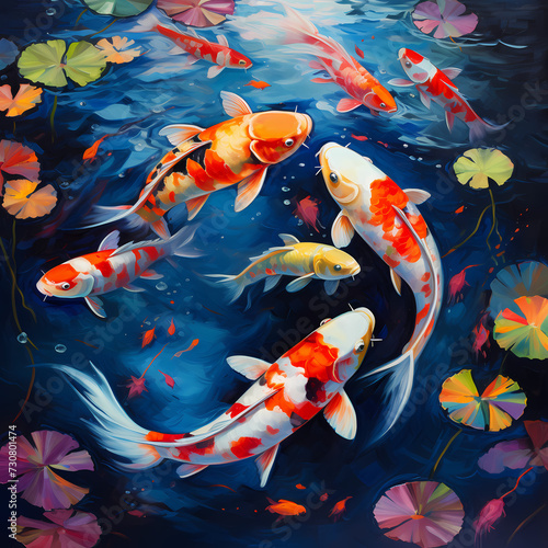 Colorful koi fish swimming in a pond.