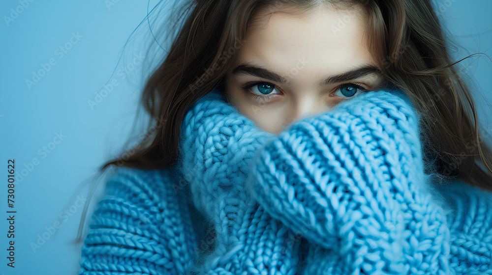 Woman in blue turtleneck knitted sweater sadly looking at camera while covering sad face. Feelings of depression, sadness, loneliness. Woman in blue turtleneck knitted sweater sadly looking at camera while covering sad face. Feelings of depression, sadness, loneliness.