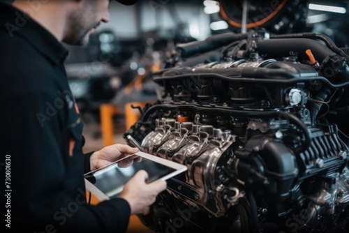 A mechanic inspects the car engine with a tablet computer.