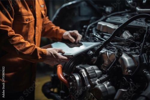 A mechanic inspects the car engine with a tablet computer.