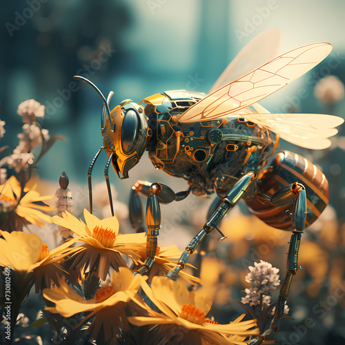 Cybernetic bee pollinating digital flowers. photo