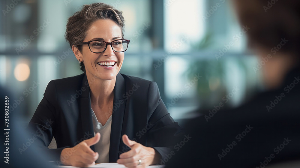 Obraz premium A middle aged professional business woman executive HR manager having job interview or business discussion in corporate office meeting.