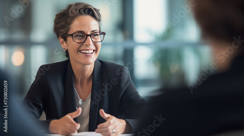 A middle aged professional business woman executive HR manager having job interview or business discussion in corporate office meeting. photo
