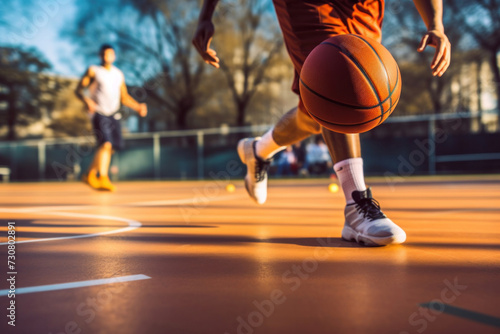 A young male basketball player dribbling the ball on basketball court in action. photo