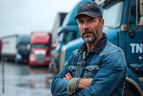 Gritty Man in Jeans and Cap Poses with Semi Trucks in the Background Generative AI