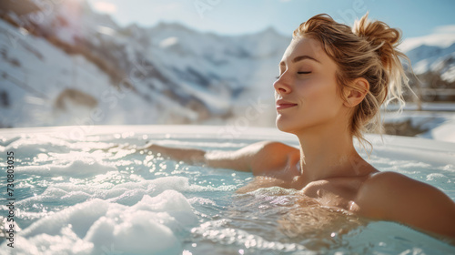 A woman enjoys a hot spring spa pool with a view of snowy mountains in the background. Ai generative