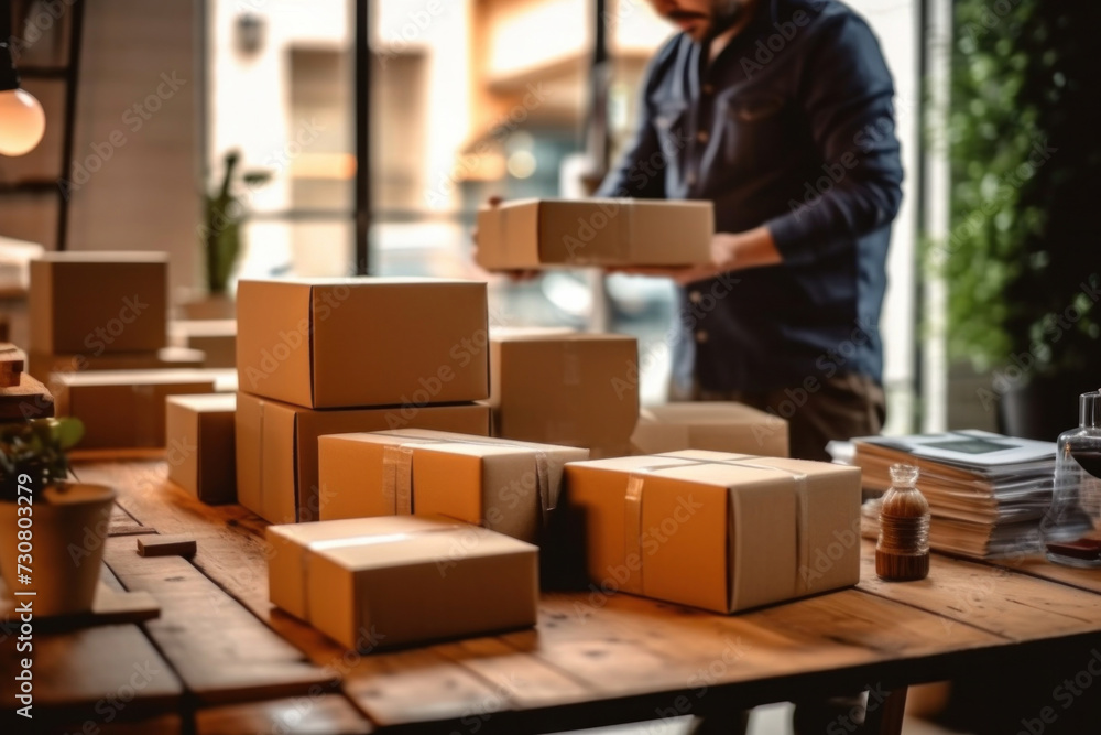 An owners man entrepreneurs working, box and check online orders or selling with computer to prepare pack the boxes to customer, SME business online concept. An owners man entrepreneurs working, box and check online orders or selling with computer to prepare pack the boxes to customer, SME business online concept.