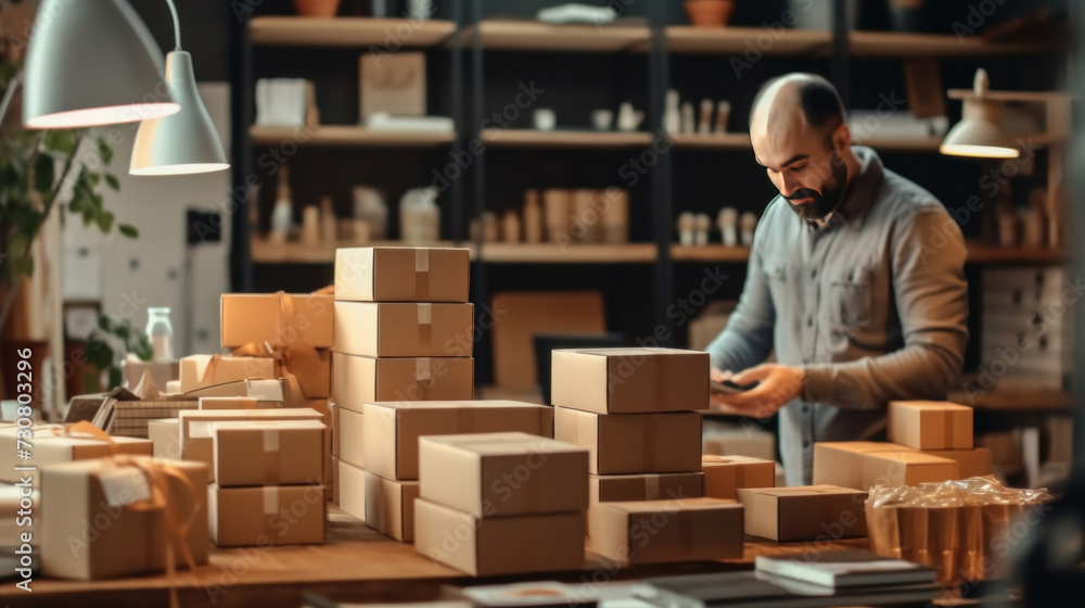 An owners man entrepreneurs working, box and check online orders or selling with computer to prepare pack the boxes to customer, SME business online concept. An owners man entrepreneurs working, box and check online orders or selling with computer to prepare pack the boxes to customer, SME business online concept.