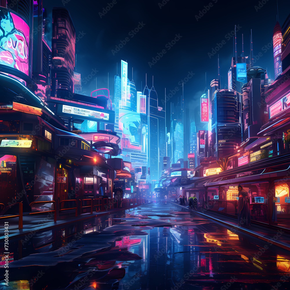 Cyberpunk cityscape with neon lights