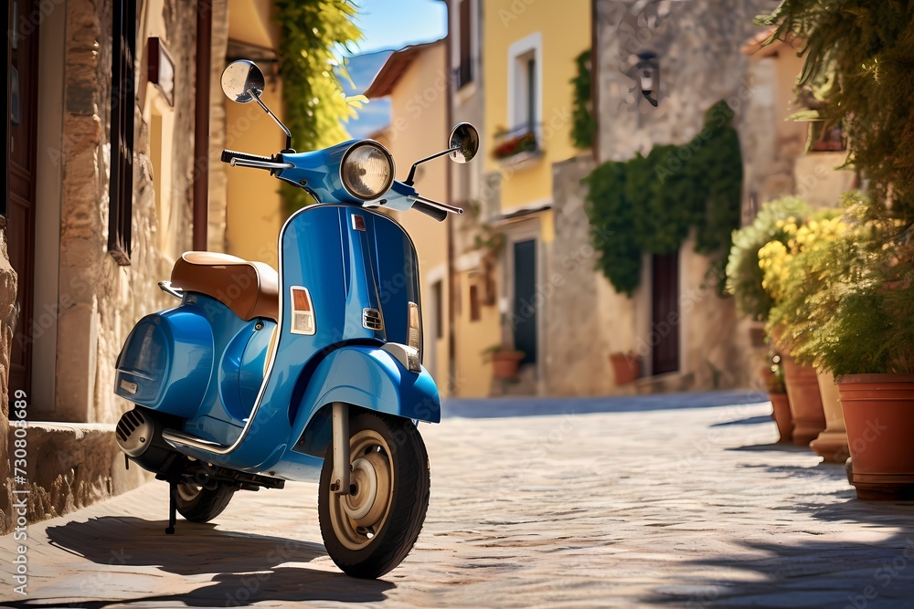 Quaint Italian town ambiance captured with a blue scooter parked on a sunlit lane, showcasing the blend of simplicity and elegance in the scenery