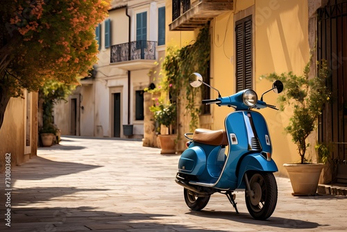 Quaint Italian town ambiance captured with a blue scooter parked on a sunlit lane, showcasing the blend of simplicity and elegance in the scenery