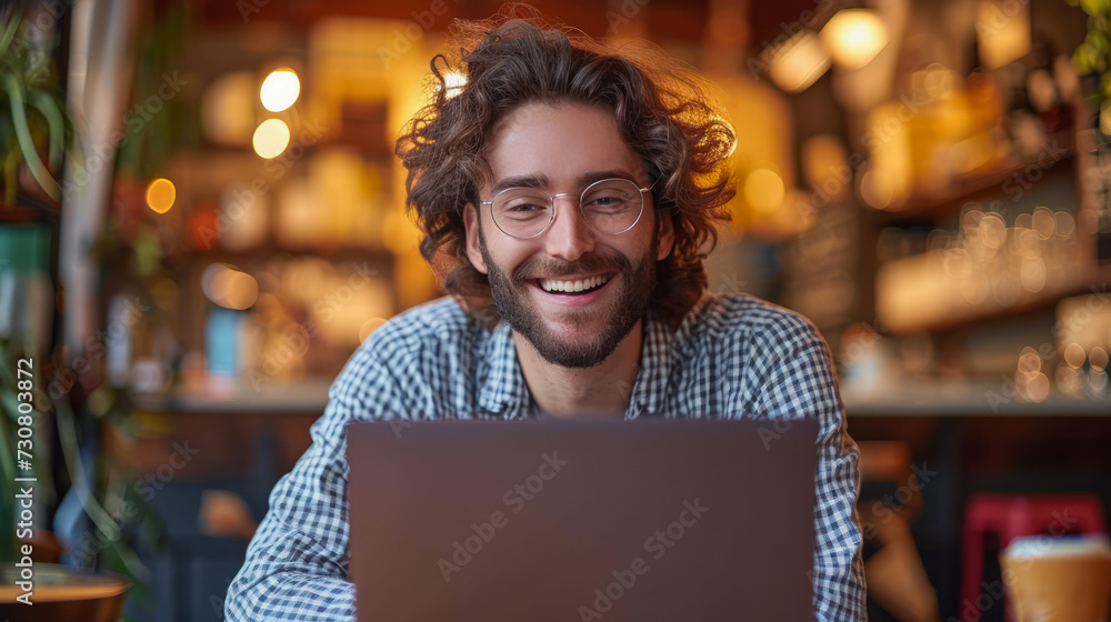 Smiling man with curly hair having a video call in a cozy cafe. Remote work concept. Generative AI Smiling man with curly hair having a video call in a cozy cafe. Remote work concept. Generative AI