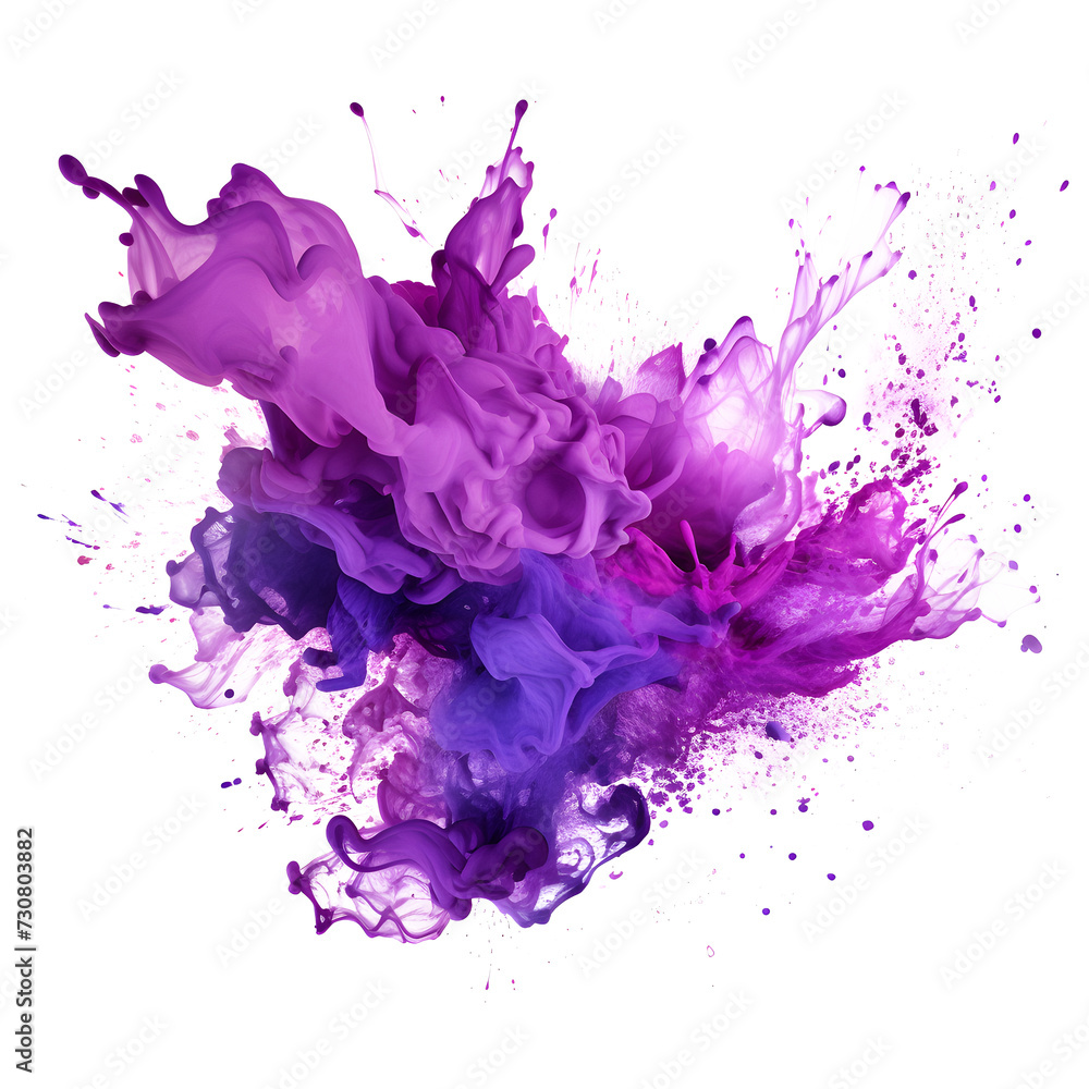 Splash of purple paint. Splashes, emotions, design, graphics, high resolution, 8k, on transparent background, canvas, flat, dripping, liquid, explosion, spray, particles, ink. Concept design