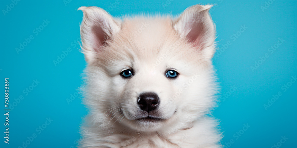 White Husky puppy close-up on a blue background, portrait