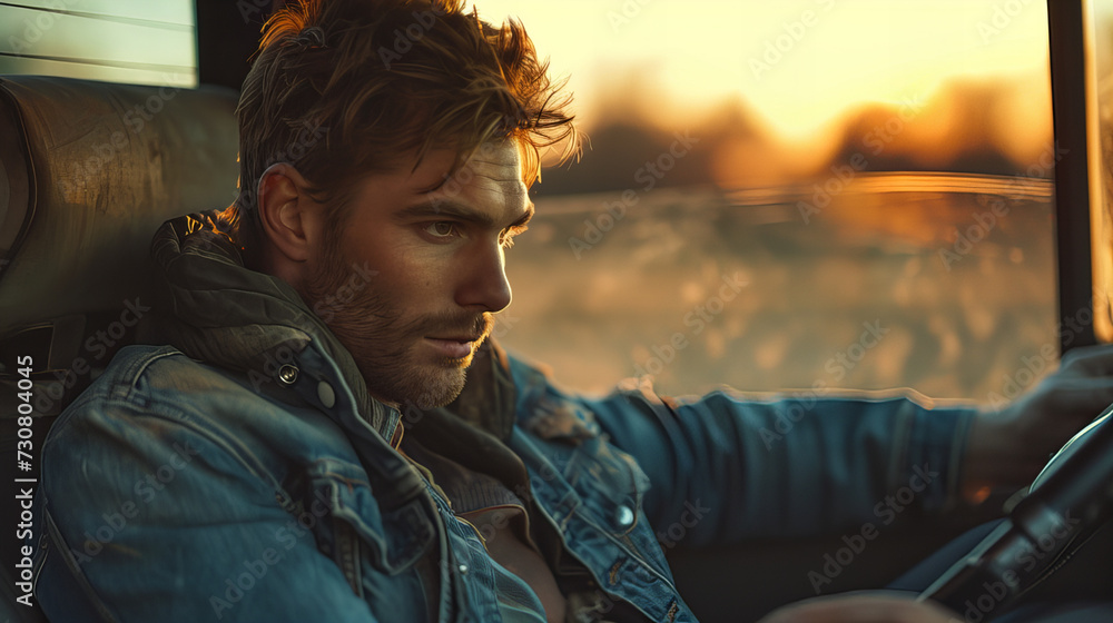 Man driving a car and looking on the road, handsome man in a denim jacket is sitting in the car truck, travel trip road concept Man driving a car and looking on the road, handsome man in a denim jacket is sitting in the car truck, travel trip road concept