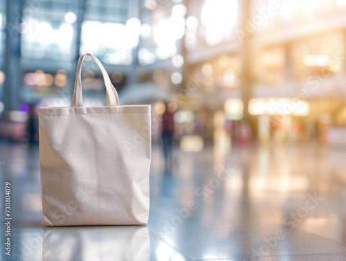 A blank bag with copy space is placed on a reflective surface in a shopping environment with blurry background, ideal for a mockup. Ai generative