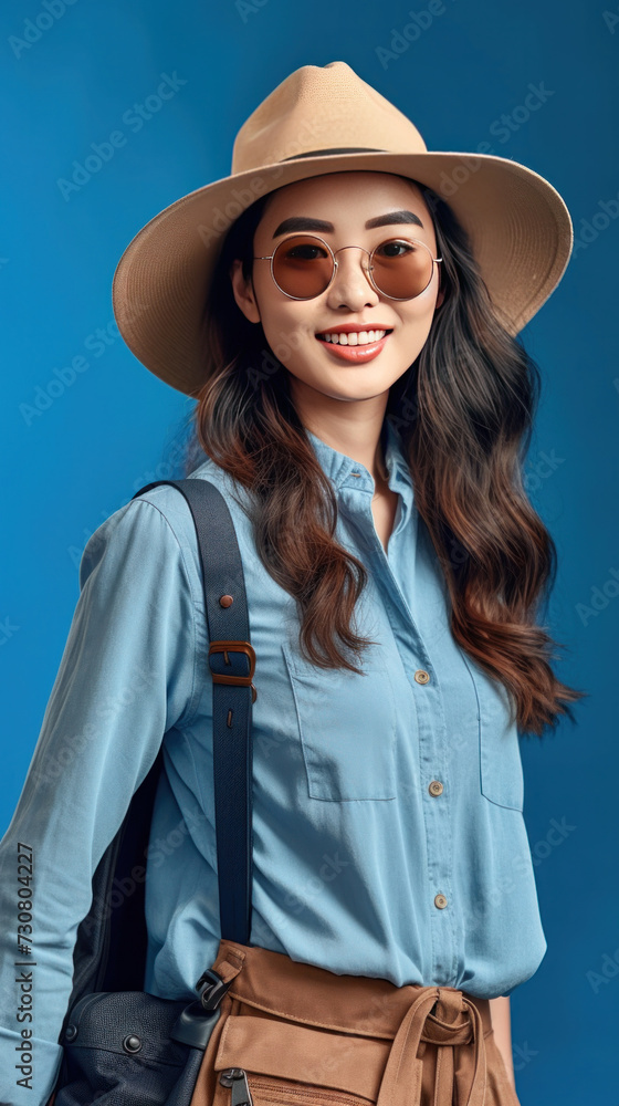 Asian happy young tourist woman wearing beach hat, sunglasses and backpacks going to travel on holidays on blue background. Asian happy young tourist woman wearing beach hat, sunglasses and backpacks going to travel on holidays on blue background.