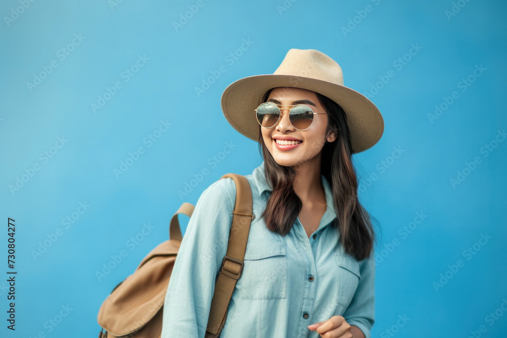 Asian happy young tourist woman wearing beach hat, sunglasses and backpacks going to travel on holidays on blue background. Asian happy young tourist woman wearing beach hat, sunglasses and backpacks going to travel on holidays on blue background.